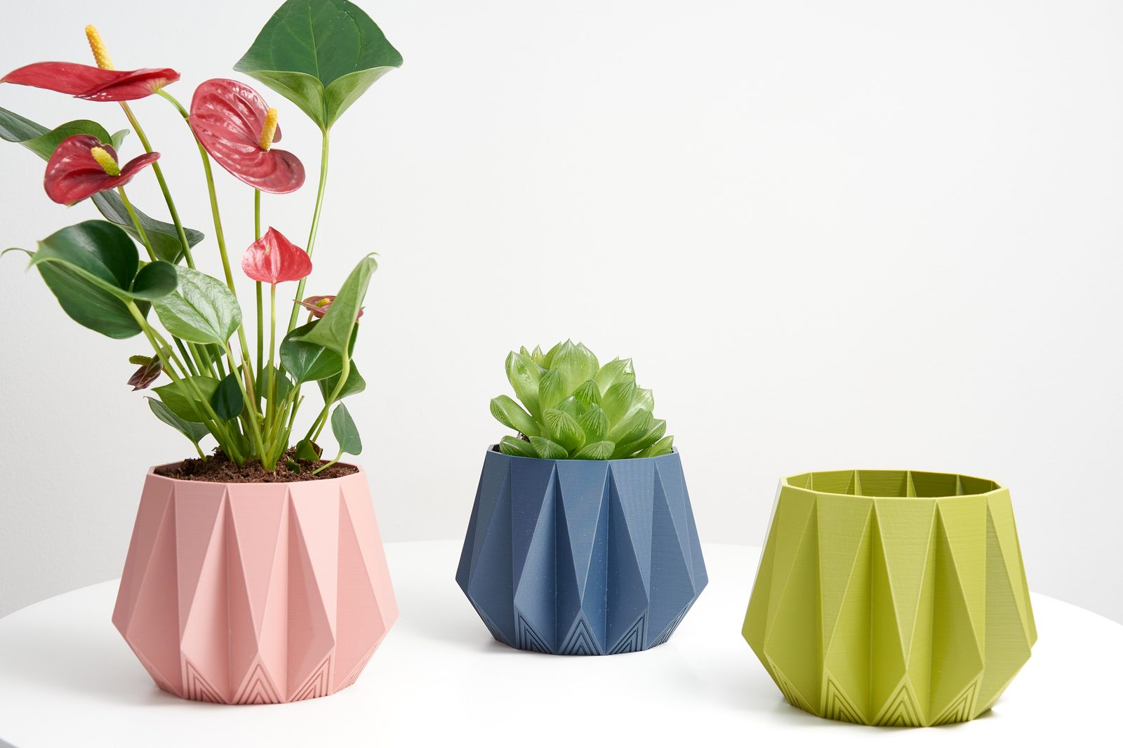 Geometric Plant Pot - Minimalist Ornament in Green, Blue, Pottery Red, 10 cm Height