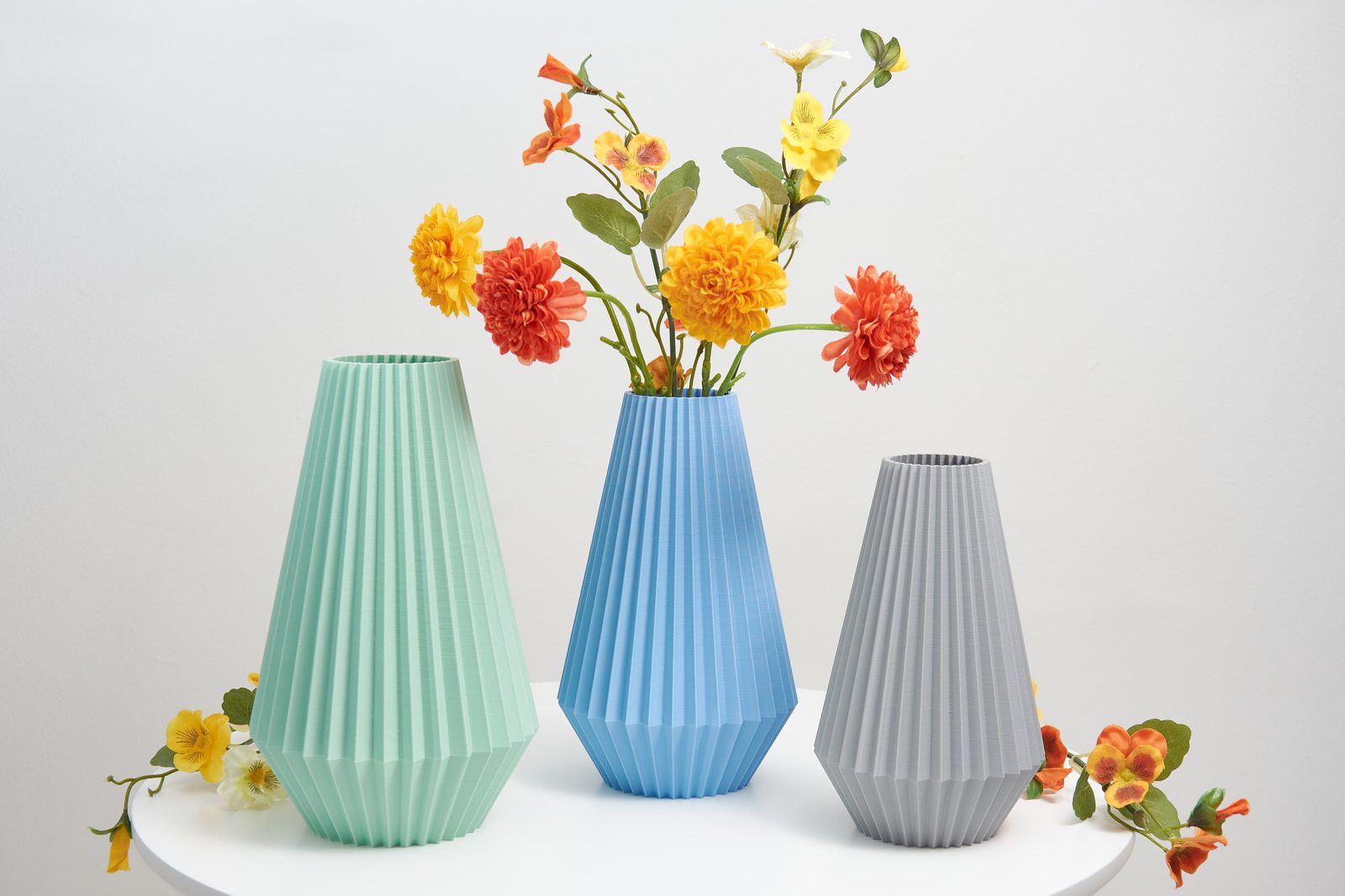 Geometric Orange Ribbed Vase - Decorative Home Ornament for Faux Flowers