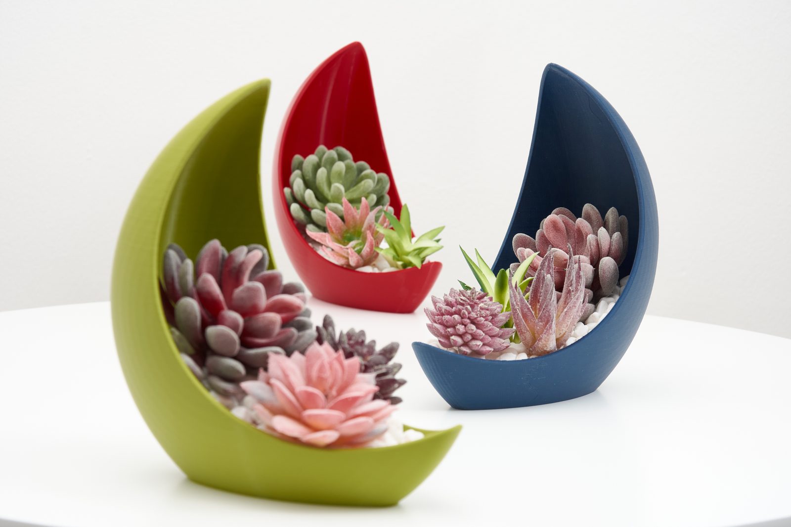 Crescent Planter - Modern Decorative Pot for Faux Succulents - Green, Red and Blue